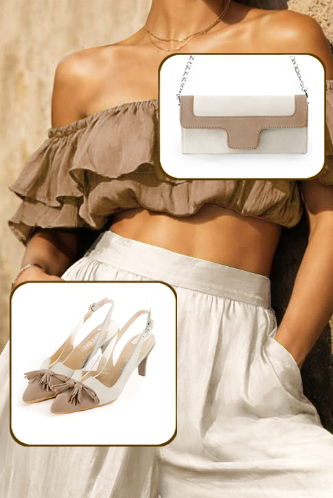 Women's tan beige and off white elegant slingback heels, with a bow on the front. Tapered toe. Medium slim heel - Top view